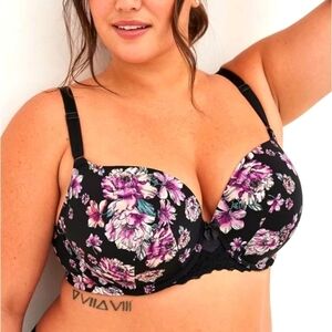 Torrid sz 46DDD perfect t shirt bra underwire black purple floral WL332